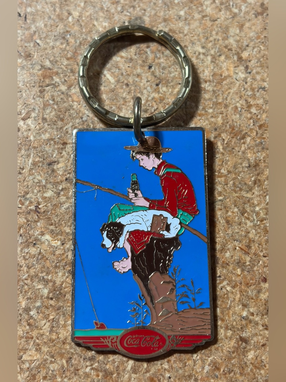 Vintage 80s Retro Coca-Cola Norman Rockwell Boy Fishing Dog Enamel Keychain